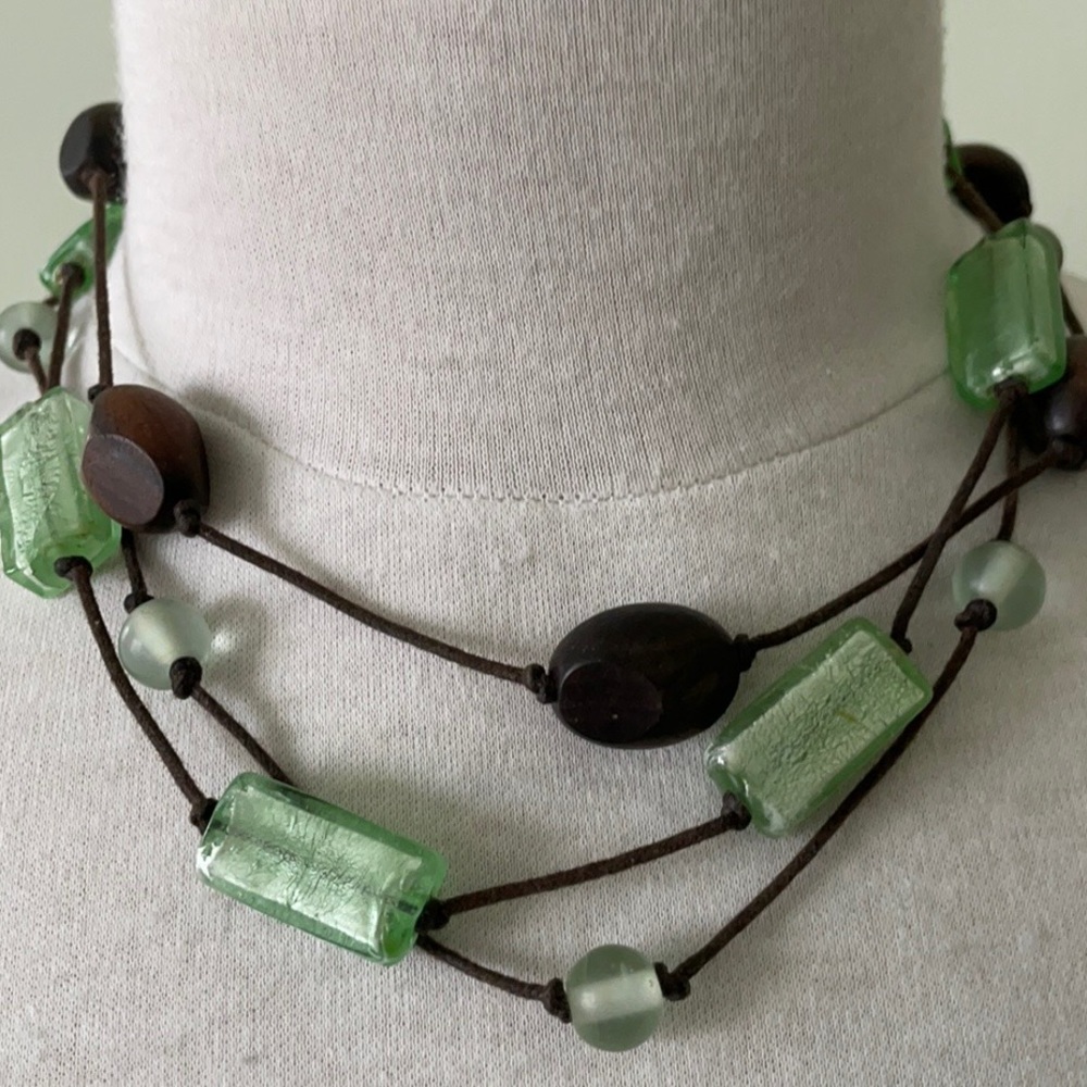 🔥 2 for $30 Necklace With Green Glass & Wood Beads On Leather String